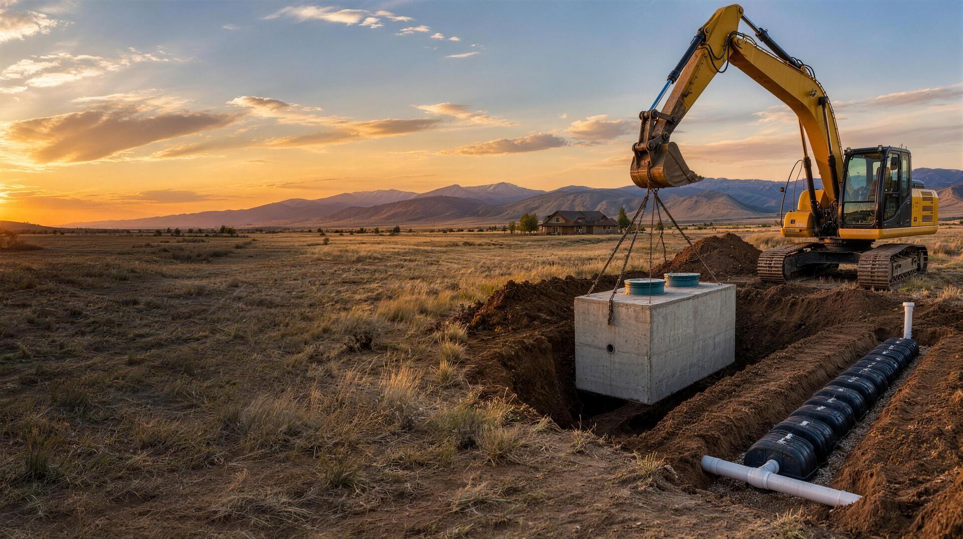 Excavator setting a new concrete septic tank beside a leach field trench on a Colorado property